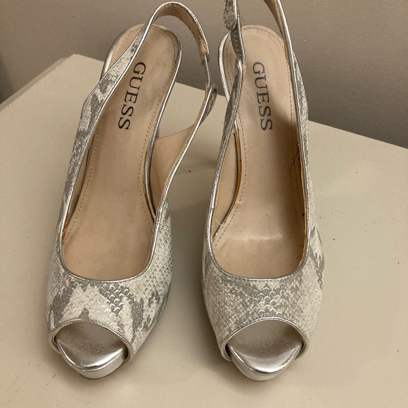 Guess Snakeskin Silver Slingback Heels - Picture 2 of 5